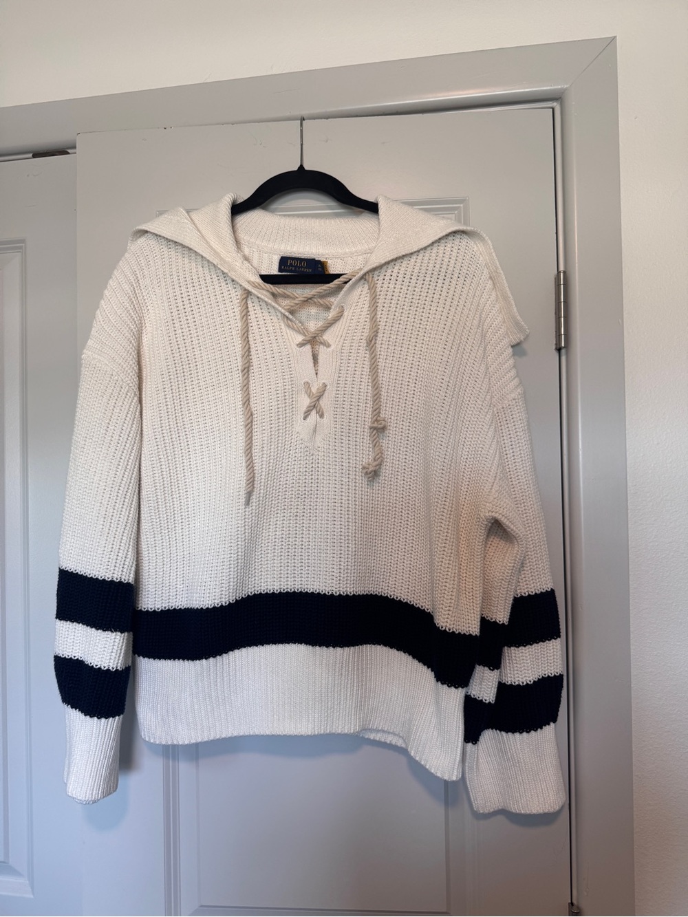 Ralph Lauren Cream Hooded Lace-Up Sweater with Navy Stripes